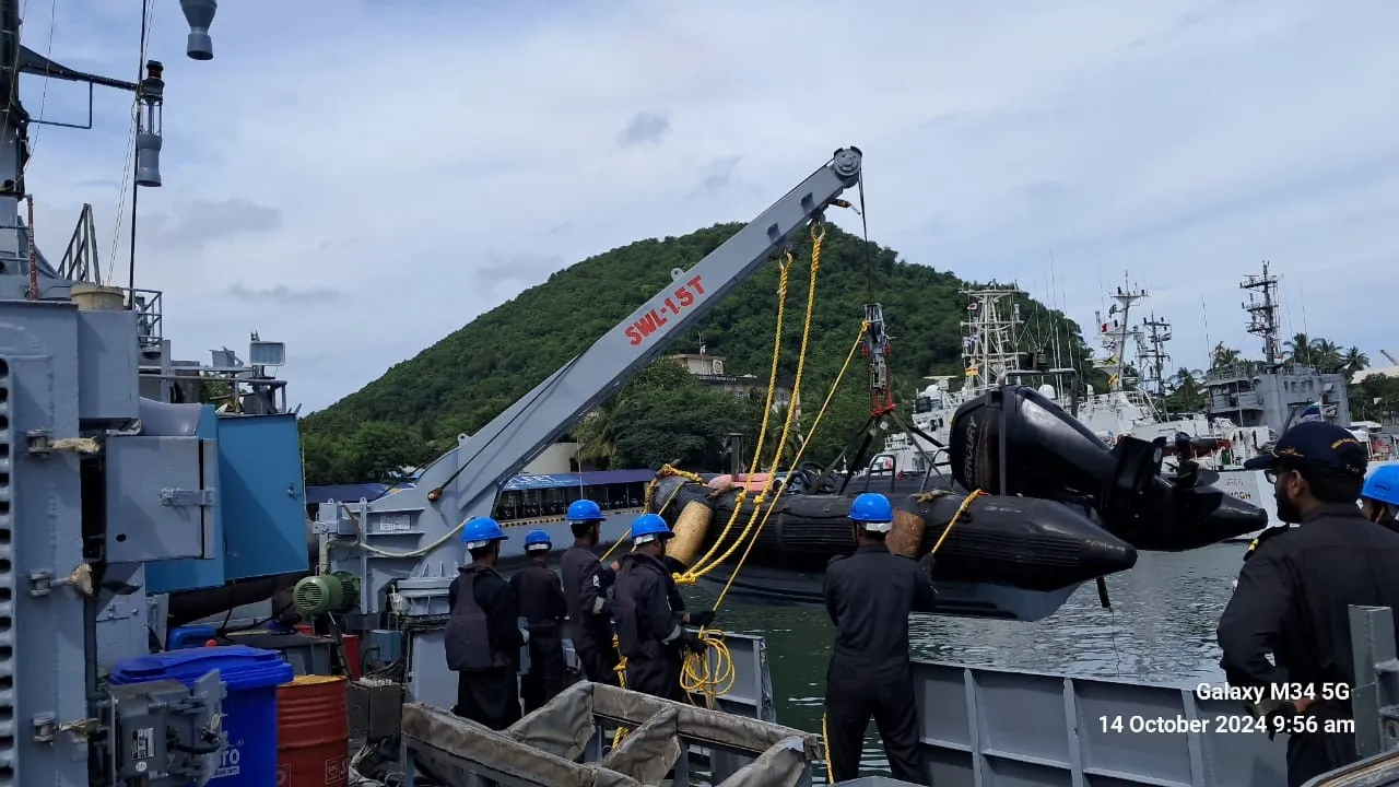 RHIB handling following boat-davit servicing and testing onboard INS Car Nicobar.