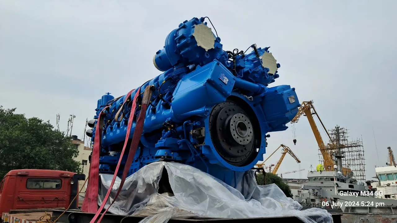 Replacement main engine prepared for installation onboard INS Car Nicobar.