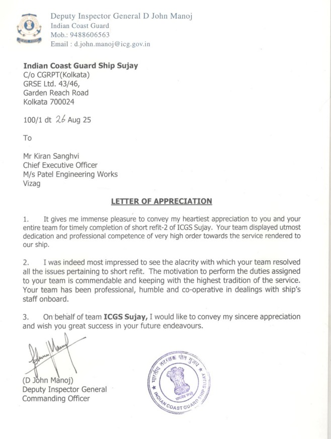 Appreciation letter for Short Refit-2 of ICGS Sujay