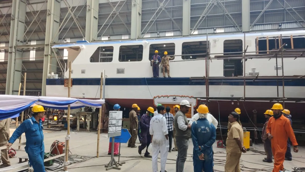 Electric ferry during handling and launch operations.