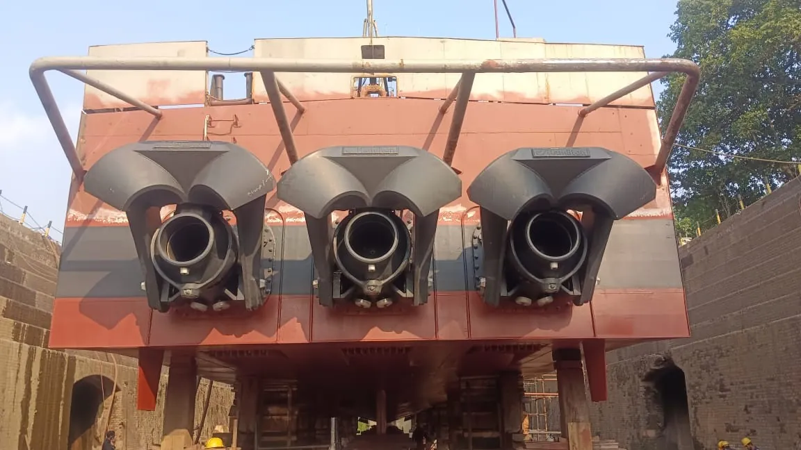 Three waterjet units at the stern of INS Kalpeni during the refit.