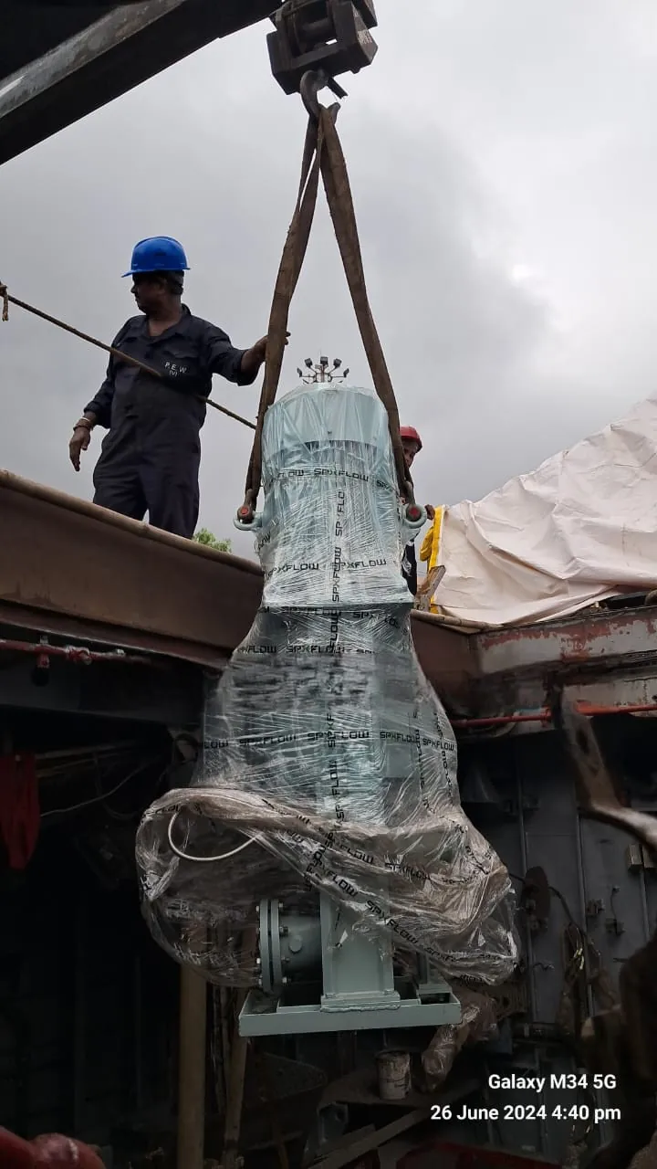 New salvage pump being lowered onboard INS Car Nicobar.