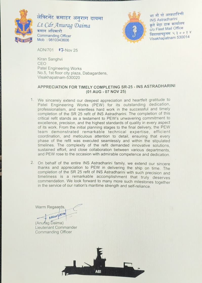 Direct appreciation letter dated 7 November 2025, addressed to Mr Kiran Sanghvi, Founder & Chief Executive Officer, PEWV.