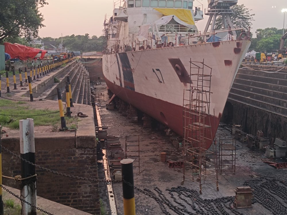 Indian Coast Guard vessel in dry dock during repair works.
