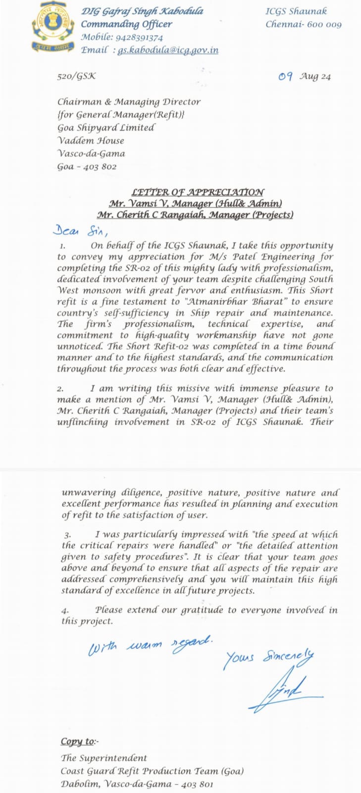 Appreciation letter for SR-02 of ICGS Shaunak
