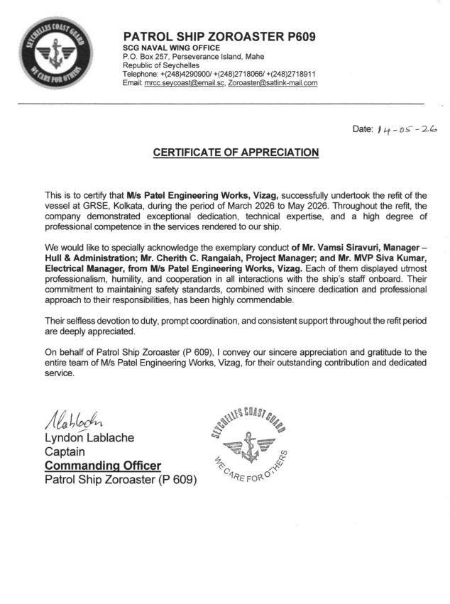 Certificate of Appreciation from the Commanding Officer of SCGS Zoroaster, dated 14 May 2026.