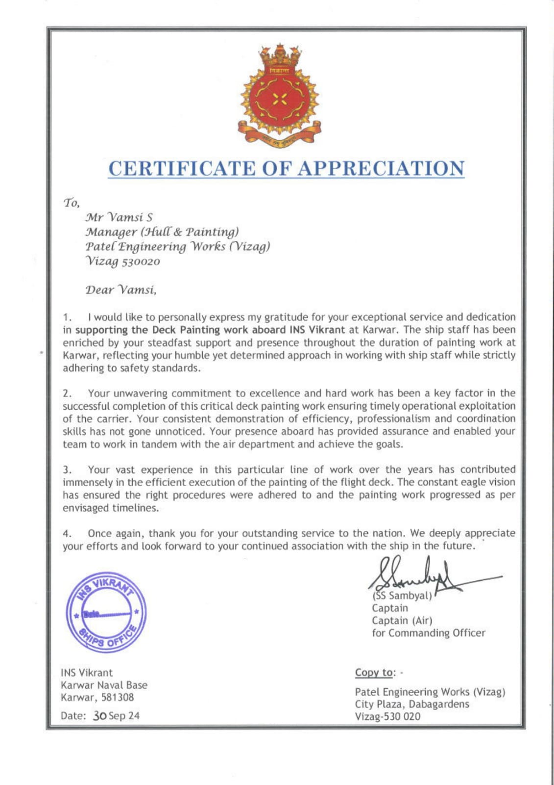 Appreciation for deck-painting work on INS Vikrant