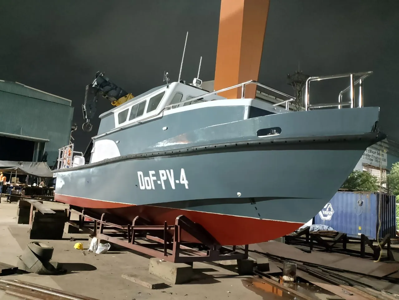 Completed FRP patrol boat ashore.