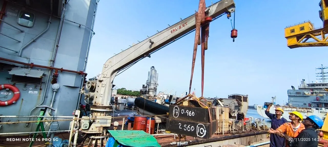 Load testing of the onboard crane during the INS Astradharini refit.