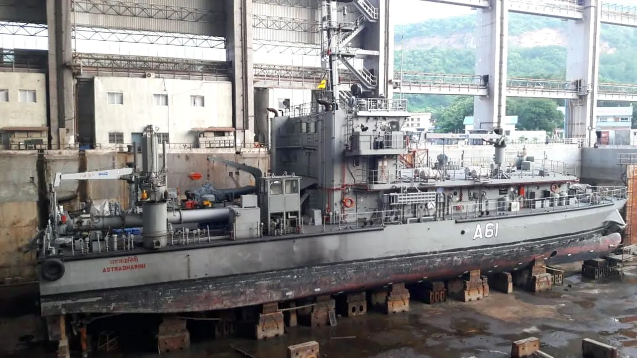 INS Astradharini in dry dock during the 2019 refit.