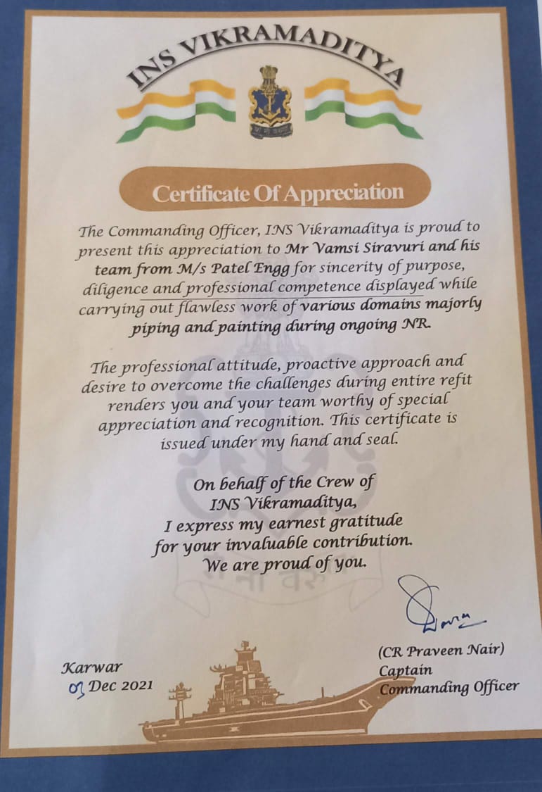 Appreciation connected with the Normal Refit of INS Vikramaditya
