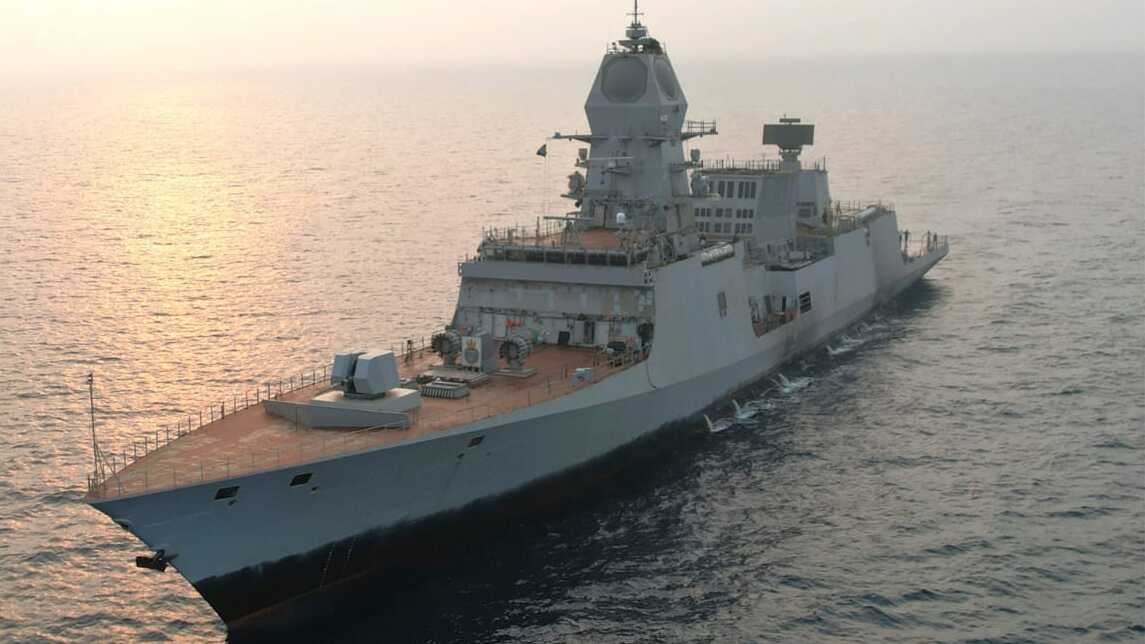INS Himgiri, a Project 17A stealth frigate built at GRSE, at sea