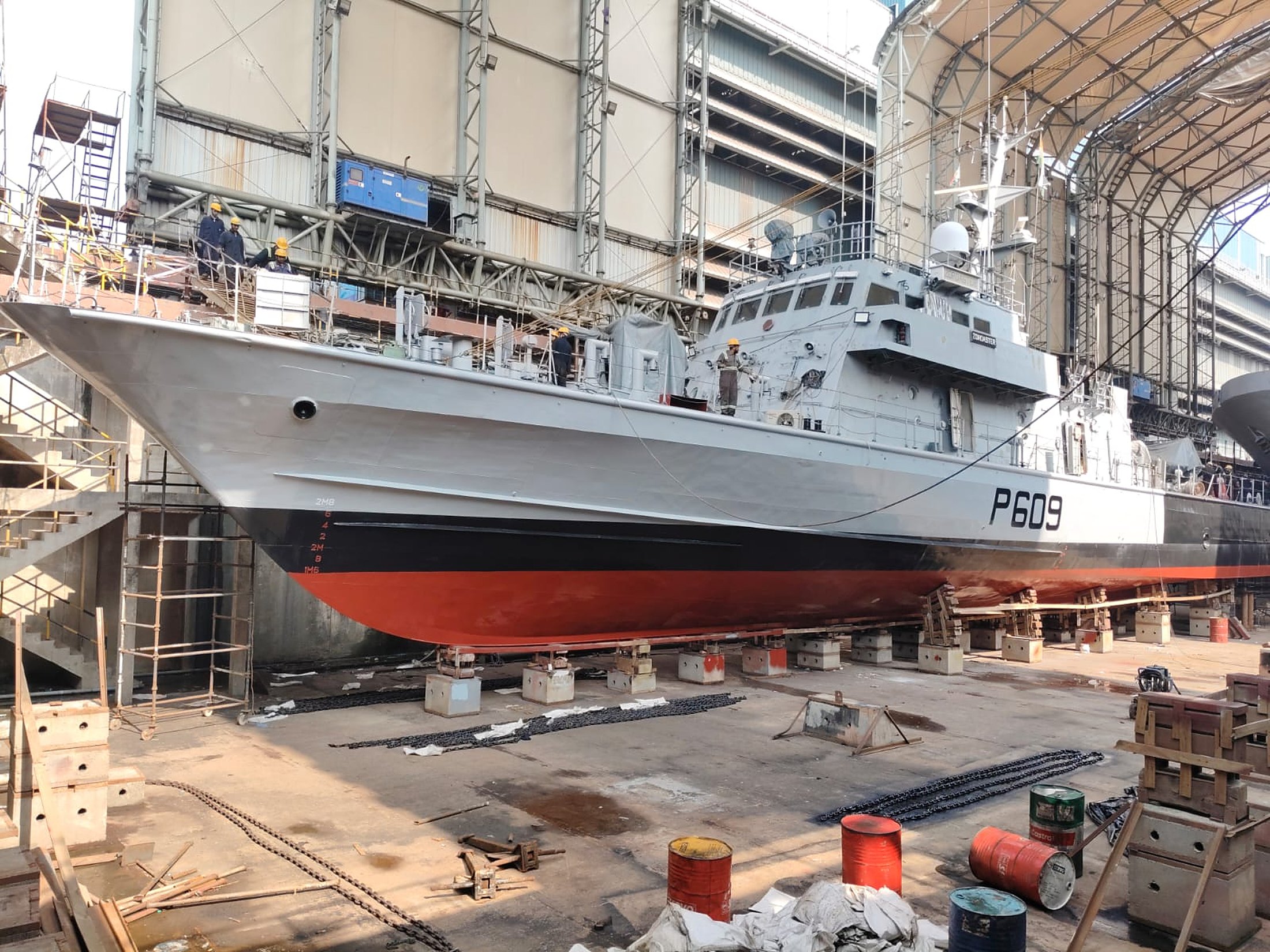 SCGS Zoroaster (P609) in dry dock at GRSE, Kolkata, during its short refit.